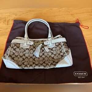 Coach Vintage Hampton Signature Khaki Canvas and white Perforated Leather Bag